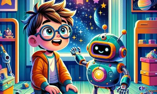 Tito, un joven de 10 años con cabello castaño desordenado y gafas redondas, mira con asombro las estrellas brillantes a través de la ventana de su habitación espacial. Su rostro expresa gran emoción, sus ojos brillan de entusiasmo. A su lado, su compañero robot, Cometa Azul, es un robot amigable con brazos articulados y una superficie brillante, que sonríe y le extiende una mano metálica para animarlo a aventurarse. La escena se desarrolla en una habitación futurista, llena de gadgets tecnológicos, carteles de estrellas y una gran ventana que da a la inmensidad del espacio, donde planetas coloridos y estrellas brillantes iluminan el cielo negro. Tito se prepara para embarcarse en su nave espacial, listo para reparar la estación Sol Brillante, con una mezcla de determinación y emoción en su rostro.
