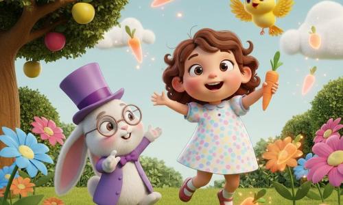 Bambina di 2 anni, curiosa e gioiosa, capelli castani e ricci corti, guance rotonde e grandi occhi brillanti, in abito a pois pastello con una carota arancione in mano che salta al centro dell'immagine; a sinistra un piccolo coniglio magico antropomorfo dal pelo bianco, con occhiali tondi e cilindro viola, che fa un gesto da prestigiatore, e in alto a destra un minuscolo uccellino giallo che svolazza entusiasta; giardino caldo e colorato con erba verde, grandi fiori stilizzati blu, rosa e arancione, un albero da frutto sullo sfondo e cielo chiaro con nuvole, i personaggi danzano mentre carote invisibili turbinano intorno a loro, atmosfera vivace, fantasiosa e amichevole.