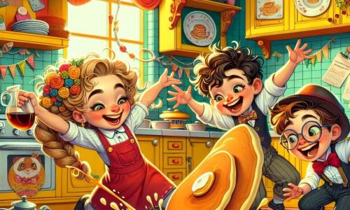 In una cucina colorata e vivace, tre bambini sono riuniti. Valentina, una ragazza di nove anni con capelli ricci e occhi brillanti, è in piedi al centro, tenendo una bottiglia di sciroppo d'acero con un grande sorriso. Alla sua destra, Chiara, un'altra ragazza di nove anni con capelli lisci e una treccia, ride alzando le braccia, pronta a cantare una canzone divertente. A sinistra, Marco, un ragazzo di nove anni con occhiali e capelli arruffati, è accovacciato, tenendo un ombrello aperto, pronto a prendere un pancake che rotola sul pavimento. La cucina è piena di colori vivaci: muri gialli, piastrelle rosse e una grande lavagna nera con disegni di pancake. Sulla tavola, piatti sono sparsi e un pancake gigante sta rotolando, attratto dallo sciroppo d'acero. La scena principale mostra i bambini che cantano allegramente per attirare il pancake magico, che sembra animarsi e rotolare verso di loro, creando un'atmosfera ludica e piena di energia.