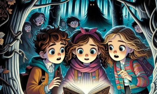 In una foresta scura e misteriosa, tre amiche si trovano al centro della scena. **Sara**, una ragazza di nove anni con i capelli ricci e castani e gli occhi brillanti, guarda con curiosità un vecchio libro aperto davanti a lei. **Giulia**, un'altra ragazza di nove anni con i capelli lisci e biondi e un sorriso timido, si stringe a Sara, gli occhi spalancati dalla paura. **Marta**, la più intraprendente del gruppo, ha i capelli castani e indossa una giacca colorata, punta un dito verso un'ombra inquietante che si profila tra gli alberi. La foresta è densa, con alberi contorti dai tronchi neri e foglie argentate che brillano alla luce della luna. Una leggera nebbia fluttua sul terreno, aggiungendo un tocco di mistero all'atmosfera. Al centro di questa scena, le tre amiche scoprono un libro antico, circondato da un'aura magica, mentre un'ombra minacciosa sembra osservarle dalle profondità della foresta. L'espressione dei loro volti mostra sia paura che determinazione, pronte ad affrontare l'ignoto insieme.
