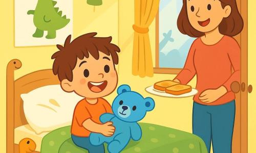 A 4-year-old boy, Leo, with messy brown hair and sparkling eyes, is sitting on his bed surrounded by colorful toys. He has a big smile while holding his blue teddy bear named Button. His room is decorated with dinosaur posters and wooden toys. His mother, a warm-smiling woman in her thirties with brown hair, stands at the door holding a plate of golden toast, looking at Leo with affection, ready to call him for breakfast. The bright room has pastel yellow walls and sunlight streaming through the curtains, with toys scattered on the floor and an open window letting in the sound of birds. Excited for the start of summer vacation, Leo is about to jump out of bed to run to the kitchen, eager to begin his day of adventures.