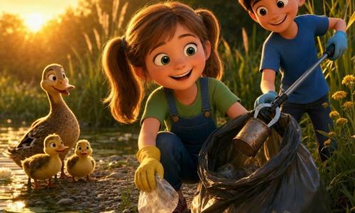 An 8-year-old girl with a round freckled face, light brown hair in two pigtails and bright green eyes, wearing a green T‑shirt, denim overalls and yellow gardening gloves, crouches to pick up a plastic bag while holding open a trash bag; to her right and slightly behind, an about 8-year-old boy with short black hair and a mischievous smile in a blue T‑shirt holds a litter picker and reaches to deposit a can. A small family of ducks—an adult and two ducklings with yellow and brown plumage—watches from the water's edge on the left. The scene is a clear pond edged with white water lilies, emerald leaves, rounded pebbles, tall grasses, bronzed reeds and a few yellow wildflowers, lit by low evening sun casting long shadows. The composition centers on the children leading a small, optimistic cleanup with half‑filled trash bags, visible gloves and collected plastic and an old can, the pond and ducks in the background.