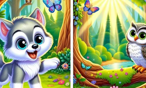 Un pequeño lobo llamado Luno, con un pelaje suave y plateado, grandes ojos brillantes como estrellas, se encuentra alegremente en medio de un claro verde. Tiene una amplia sonrisa en su rostro, expresando curiosidad y alegría. A su lado, un sabio búho de plumas doradas y ojos redondos, posado en una rama, observa a Luno con benevolencia. Su expresión es tranquila y amistosa, como si compartiera un secreto importante. El lugar es un bosque encantado, con árboles majestuosos y hojas de un verde brillante, iluminadas por rayos de sol que atraviesan el follaje. Flores coloridas y mariposas bailan a su alrededor, añadiendo un toque de magia al entorno. La escena principal muestra a Luno saltando alegremente, listo para aullar a la luna, mientras el búho le habla con sabiduría, creando un momento de aprendizaje y asombro en el corazón de la naturaleza.