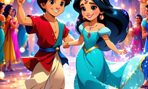 Aladdin, um jovem de cabelos castanhos e olhos brilhantes, usa uma túnica colorida e calças largas. Ele sorri entusiasticamente no centro de uma festa animada, cercado por luzes cintilantes. Ao seu lado, Jasmine, uma bela princesa de cerca de 16 anos com longos cabelos negros e um vestido brilhante, dança alegremente, seus olhos radiantes de felicidade. O Gênio, uma criatura mágica colorida, flutua acima deles, com um rosto sorridente e braços abertos, pronto para compartilhar sua alegria. A cena acontece no magnífico Palácio de Cristal, um lugar mágico com paredes cintilantes, lanternas coloridas e um céu estrelado. Mesas estão cheias de pratos deliciosos de diferentes culturas, enquanto pessoas de todos os lugares dançam e riem ao redor. Aladdin e Jasmine celebram a diversidade e a amizade em uma festa mágica sob um céu estrelado.