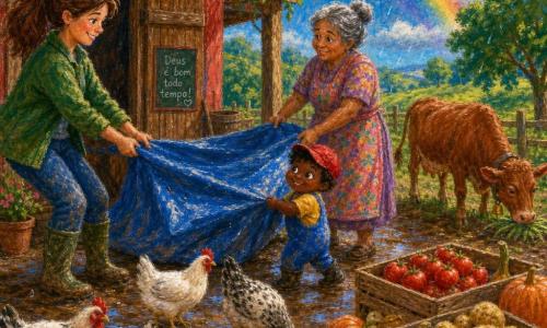 Uma mulher adulta, Maria, sorridente, cabelo castanho preso, veste jaqueta verde e botas enlameadas, puxa uma grande lona azul para cobrir caixotes de legumes enquanto o menino de 3 anos Tomás, baixinho e rechonchudo, de boné vermelho, segura uma ponta com orgulho e a avó Rosa, cabelos grisalhos presos, em vestido floral, segura a outra ponta junto ao porão de madeira; ao fundo à direita, a vaca ruça Lila pasta calmamente com um guizo, várias galinhas brancas e malhadas ciscam milho perto dos caixotes cheios de tomates, batatas e abóboras, no pátio da fazenda de chão encharcado com poças brilhantes, varanda de celeiro vermelha à esquerda e céu meio ensolarado com leve chuva formando um arco de luz — família unida protegendo os legumes, expressões contentes, atmosfera acolhedora e cores contrastantes.