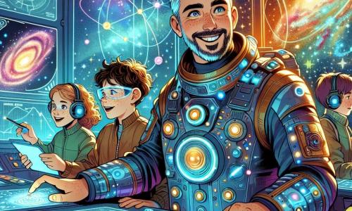 Un uomo, Luca, è al centro della scena, con un sorriso determinato e occhi brillanti di eccitazione. Indossa una tuta spaziale lucente, decorata con dettagli futuristici, e tiene un dispositivo di comunicazione olografico in mano. Accanto a lui, una ragazza di dodici anni, Mia, con capelli ricci e occhiali protettivi, osserva gli schermi di controllo con un'espressione concentrata. Un ragazzo di dodici anni, Sam, con capelli corti e lentiggini, è seduto davanti a un pannello di comando, premendo rapidamente pulsanti luminosi. Lo scenario è una sala di controllo futuristica, piena di schermi olografici fluttuanti, luci scintillanti e console dalle forme arrotondate. Carte stellari e immagini di nebulose colorate sono proiettate intorno a loro, creando un'atmosfera dinamica e ispiratrice. La situazione principale mostra Luca e il suo team che discutono di una tempesta di particelle scure che minaccia il loro viaggio verso la Nebulosa di Orione. Eccitazione e ansia si mescolano nell'aria mentre prendono decisioni cruciali per la loro avventura interstellare.