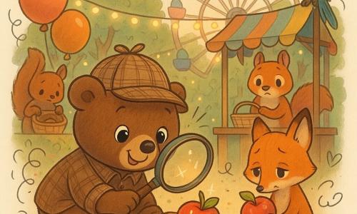 Um pequeno urso-marrom arredondado, de rosto doce e olhos brilhantes, usa um chapéu de detetive em tweed e segura uma lupa, agachado junto a uma caixa de madeira olhando com curiosidade e alegria para uma maçã vermelha brilhante; um esquilo ruivo, tipo vendedor, de olhos preocupados mas aliviados, está atrás de uma barraca colorida segurando uma cesta quase vazia e cercado por balões vermelhos e laranja; uma raposinha laranja e delicada, tímida e com as orelhas abaixadas, segura uma maçã brilhante e fica ligeiramente atrás do urso, envergonhada mas tranquila; um papagaio azul e verde empoleirado na roda-gigante ao fundo observa a cena; o cenário é uma feira na floresta com luzes penduradas entre árvores, barracas de madeira pintadas, confetes no chão e uma roda-gigante colorida ao fundo, luz suave do entardecer; cena principal simples: descoberta de uma maçã desaparecida e resolução amigável do mistério, amigos reunidos em volta da caixa com olhares calorosos e atmosfera suave e acolhedora.