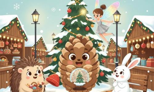 Main character: a small anthropomorphic pinecone, brown-cream textured with detailed scales, smiling and amazed, bright round eyes, gently holding a sparkling snow globe and looking at the camera; secondary: Twinkle, a slim fairy with translucent rainbow wings and a silver dress, hovering above and behind the pinecone waving a glowing wand; secondary: a round warm hedgehog with stylized soft spines carrying a basket of treats, standing left of the pinecone offering a red hat; secondary: a small white rabbit with large ears, shy then smiling, seated on a bench to the right watching gratefully; setting: a lively winter market with snow-dusted cobblestone alleys, wooden stalls decorated with yellow lights and red-gold ornaments, vintage lampposts and a large central fir topped with a gold star; scene: a warm, festive Christmas moment of sharing and magic as the pinecone shows its snow globe to friends beneath the tree, sparkling lights and drifting snowflakes, centered composition, soft contrasts and a warm color palette with icy blues.