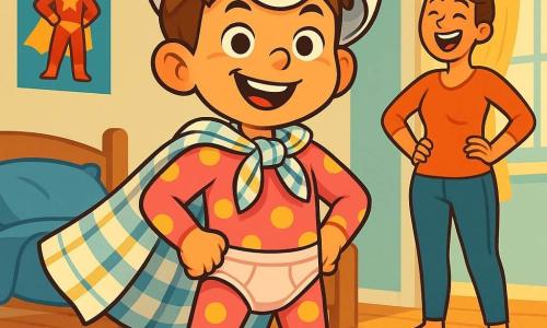 Un băiat tânăr, George, în vârstă de aproximativ 8 ani, stă în centrul imaginii, purtând un costum de super-erou roz cu buline galbene, o pelerină din prosoape de bucătărie și o pălărie mare în formă de slip pe cap. Fața lui este iluminată de un zâmbet larg și hotărât, iar ochii îi strălucesc de entuziasm și curaj. Lângă el, mama lui, o femeie de aproximativ 30 de ani cu părul brun strâns, râde cu poftă, cu mâinile pe șolduri, stând puțin înapoi, într-un colț al camerei. Scena se desfășoară în camera lui George, decorată cu postere de super-eroi, cu jucării împrăștiate pe podea și un covor mare colorat. Lumina dimineții pătrunde printr-o fereastră, creând o atmosferă caldă și veselă. George, pregătit să salveze lumea în ciuda aspectului său comic, se pregătește să iasă din cameră, hotărât să înfrunte „răufăcătorul” care a creat haos în cartier, păstrându-și zâmbetul jucăuș.
