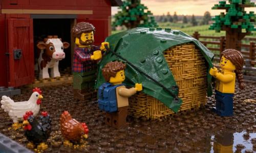 A bearded, round-faced farmer with a calm, focused expression wearing a red-and-blue plaid shirt and muddy rubber boots ties a corner of a rough green tarp over a large golden haystack while eight-year-old Nora, with a mischievous smile and a chestnut braid in a yellow jacket, holds one corner to his right and six-year-old Max, with short brown hair, a determined look and a small blue backpack, holds the tarp’s edge to the left like a “gate”; a brown-and-white calf peers from the barn doorway with a foreleg on the threshold, colorful chickens peck nearby, and the damp dark-brown farmyard at dawn, splashed with puddles reflecting the figures, shows a weathered red wooden barn and a cloudy gray sky with a pale blue rim as the trio, buffeted by a light wind and residual drops, coordinates to secure the tarp.