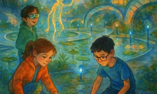 Four children—Mila (≈11, brown ponytail, orange jacket, grass‑stained knees) crouched front left holding an open metal toolbox and looking at a ground sensor; Liam (≈12, short black hair, thin glasses, blue T‑shirt) kneeling to Mila’s right touching a light panel on a stone, focused; Jun (≈11, mid‑length black hair, AR glasses, green jacket) standing behind Mila reading numbers on his glasses and indicating measurements; Skye (≈10, braided blonde hair, purple hoodie) standing slightly left in the background smiling and holding a small roll of eco tape—plus a small glowing avatar: a floating creature of golden and blue lines, translucent LED‑like body, centered above the ground tracing luminous symbols with a finger. Setting: Port Luna aquatic garden at night with shallow glowing pools, green water lilies, glass fountains, curved solar glass walkways, sensors in smooth stones, soft electric‑blue path lamps, blurred glass towers and roof gardens in the background with colored reflections on the water. Main action: the children calmly repair a sensor and pipe (screwing, gluing, turning a valve) while the avatar records data by drawing golden lines in the air; warm lights, water reflections, collaborative curious atmosphere.