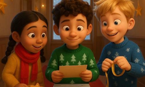 There are 3 main characters: Milo, an 8-year-old boy with curly brown hair, wearing a green sweater with Christmas tree patterns. He stands calmly in the center, holding a map with a curious smile. Sana, a 7-year-old girl with black braided hair, wears a bright red scarf. She stands to Milo's left, looking at the map with sparkling eyes full of curiosity. Jude, a 9-year-old boy with tousled blond hair, wears a blue sweater with snowflakes. He stands to Milo's right, holding a golden ribbon and smiling mischievously. The setting is a warm and festive hallway, decorated with string lights and small golden paper stars hanging on the walls. The floor is covered with a plush red carpet, and a large window lets in the gentle light of the falling snow outside. The main scene shows the three children discovering the 