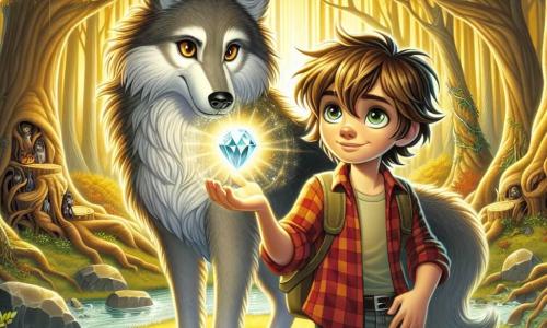 A 12-year-old boy, Thomas, stands bravely at the center of the stage. He has messy brown hair, sparkling curious eyes, and a determined smile. He wears a red plaid shirt and canvas pants, holding a shining gemstone, the Heartstone, in his hand. Next to him is a large silver wolf with deep blue eyes, appearing both majestic and calm. The wolf stands slightly back, observing Thomas with gratitude. In the background, an enchanted clearing of the Whispering Woods stretches out, bathed in golden light. Tall, gnarled trees surround the scene, their leaves sparkling like stars in the sun. A small stream winds through the clearing, adding a touch of magic to the atmosphere. The main scene shows Thomas raising the Heartstone towards the wolf, ready to break the curse that binds it. A glowing aura emerges from the stone, illuminating the faces of both characters, symbolizing hope and freedom.