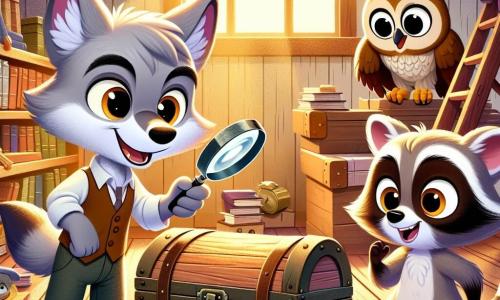Leo, a young wolf with bright eyes and soft gray fur, stands determinedly holding a magnifying glass in his front paw, examining a dusty old wooden chest. Beside him, Ruby, a cheerful raccoon with black and white stripes, smiles enthusiastically, her little paws raised as if ready to uncover a treasure. Ollie, a wise owl with brown feathers and large round eyes, perches on a shelf, watching the scene with a curious look and a slight smile, his wings slightly spread. The scene takes place in a mysterious attic filled with old furniture covered in white sheets, worn antique books, and rays of light filtering through dusty windows, creating a magical and intriguing atmosphere. Leo and his friends discover an ancient chest with its lid ajar, revealing yellowed letters and a wooden toy gently tapping against the wall, adding a touch of mystery to their adventure.