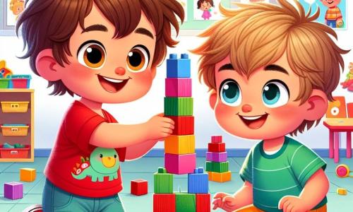 Un ragazzino di 4 anni, di nome Luca, con capelli castani disordinati e occhi brillanti di gioia, sorride ampiamente mentre costruisce una torre di blocchi colorati. Indossa una maglietta rossa con un piccolo dinosauro e pantaloni corti blu. Accanto a lui, il suo amico Marco, un ragazzo di 4 anni con capelli biondi e occhi azzurri, osserva con meraviglia la torre che stanno costruendo insieme. Marco indossa una maglietta verde e pantaloni gialli. Si trovano in un'aula luminosa, piena di giocattoli, disegni appesi alle pareti e finestre che lasciano entrare la luce del sole. La scena principale mostra Luca e Marco, concentrati e felici, impilando blocchi colorati per creare una torre sempre più alta, simboleggiando la loro amicizia e collaborazione.