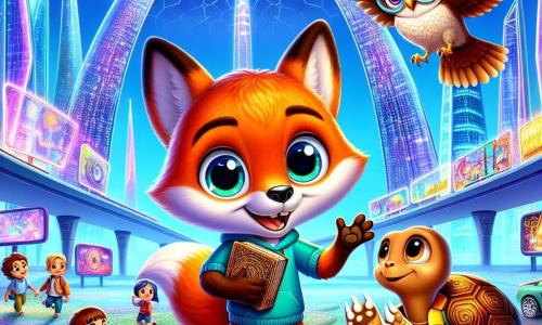 Un pequeño zorro llamado Zippy, con un pelaje naranja brillante y ojos llenos de curiosidad, se encuentra en el centro de la imagen, con las patas en el aire y una gran sonrisa en su rostro, maravillado por el paisaje futurista que lo rodea. A su derecha, la tortuga Tina, con un caparazón colorido y gafas redondas, mira a Zippy con una expresión sabia y divertida, sosteniendo un libro antiguo en sus patas. A la izquierda, el búho Otto, con plumas marrones y ojos redondos y traviesos, está posado en una rama, contando una historia, con las alas ligeramente desplegadas, como si estuviera listo para volar. El escenario es una ciudad futurista brillante, con edificios de vidrio reluciente, coches flotantes y pantallas luminosas que muestran imágenes coloridas. Niños juegan alegremente a su alrededor, añadiendo un toque de vida a esta escena mágica. La situación principal muestra a Zippy, Tina y Otto descubriendo este increíble mundo, Zippy saltando de alegría, mientras Otto cuenta historias fascinantes sobre el pasado y Tina toma notas en su libro, todos maravillados por las maravillas del futuro.