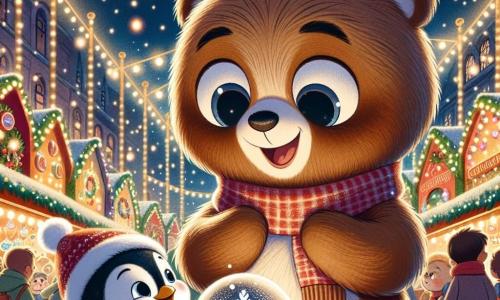 Bruno, ein kleiner Teddybär mit braunem, weichem Fell, großen runden Augen und einem fröhlichen Lächeln, steht im Mittelpunkt der Szene und ist von den funkelnden Lichtern des Weihnachtsmarktes begeistert. Neben ihm schaut Percy, ein kleiner Pinguin mit einem niedlichen roten Schal und einem Weihnachtsmannhut, begeistert auf eine wunderschöne Schneekugel, seine Augen leuchten vor Aufregung. Der Weihnachtsmarkt ist lebhaft, gefüllt mit bunten Ständen, die mit Lichterketten geschmückt sind, Tannenbäumen, die mit glänzenden Kugeln geschmückt sind, und sanft vom Himmel fallenden Schneeflocken. Kinder lachen und spielen um sie herum, während die Luft mit dem köstlichen Duft von Lebkuchen und heißer Schokolade gefüllt ist. Bruno und Percy entdecken in dieser festlichen Atmosphäre gemeinsam die Magie von Weihnachten und teilen einen Moment der Freundschaft und des Staunens über die Schönheit des erleuchteten Marktes.