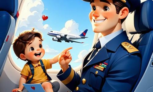 Un pilot zâmbitor, îmbrăcat în vestă bleumarin și șapcă cu insignă aurie, ține o mică carte de zbor și salută pasagerii; un băiat de ~6 ani cu avion jucărie râde către însoțitoarea de bord, o fetiță de ~5 ani cu păr blond pe coadă indică un nor în formă de inimă la hublou; o însoțitoare de ~30 de ani, în uniformă verde mentă, arată centura de siguranță unui bebeluș ținut de mamă; interiorul avionului e luminos, banchete albastre și pernuțe pastel, hublouri rotunde cu nori pufoși și lumină aurie; atmosferă calmă și călduroasă, obiecte moi și culori dominante bleu cer, galben pal, verde mentă cu accente aurii, forme rotunjite și texturi fine de bumbac pentru nori.