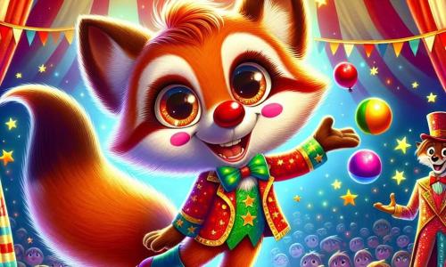 Ein kleiner Fuchs namens Felix, mit strahlend rotem Fell und großen, funkelnden Augen, trägt ein buntes Clownkostüm mit einer roten Nase und übergroßen Schuhen. Er jongliert ungeschickt mit bunten Bällen und hat ein breites Lächeln im Gesicht, während um ihn herum Sterne funkeln, die seine Freude und Begeisterung zeigen. Neben ihm steht ein menschlicher Jongleur namens Jonas, mit zerzausten braunen Haaren und einem Zylinder, der Felix ermutigend anlächelt, die Arme verschränkt, bereit zu helfen. Er trägt ein glitzerndes Showkostüm, das das Licht des Zirkuszeltes reflektiert. Der Ort ist ein lebhaftes Zirkuszelt mit roten und weißen Streifen, gefüllt mit staunenden Zuschauern. Funkelnde Lichter erhellen die Bühne, und bunte Ballons schweben in der Luft. Die Hauptsituation zeigt Felix, den kleinen Fuchs, der auf der Bühne jongliert, umgeben von einem begeisterten Publikum, das lacht und applaudiert, während Jonas ihn von der Seite anfeuert und eine fröhliche, festliche Atmosphäre schafft.