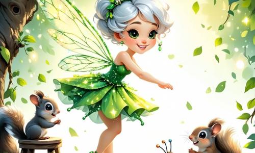 Una fata scintillante, di nome Fiammetta, con ali luccicanti come foglie di primavera, danza gioiosamente su uno sgabello colorato. I suoi capelli ricci, di un bianco splendente, fluttuano intorno a lei, e il suo viso irradia una gioia contagiosa. Accanto a lei, Nocciolino, uno scoiattolo giovane dagli occhi maliziosi, si tiene su un ramo, con la coda folta in alto, ridendo delle sue stesse buffonate. Turbo, una lumaca con un guscio brillante, scivola lentamente sul terreno, le sue piccole ruote girano con entusiasmo mentre applaude con le sue piccole zampette. La scena si svolge nel Bosco Spumeggiante, un luogo magico pieno di funghi colorati, fiori vivaci e raggi di sole che filtrano attraverso le foglie. Il terreno è coperto di muschio verde e piccoli fiori viola, creando un tappeto naturale. Fiammetta, con un grande sorriso, si prepara a una performance comica sul suo sgabello, pronta a far ridere i suoi amici con le sue acrobazie e le sue sorprese. Le risate risuonano nell'aria, riempiendo il bosco di un'atmosfera gioiosa e festosa.