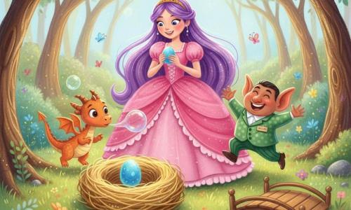 Una joven princesa sonriente de cabellos violeta muy largos, con un vestido rosa de volantes, sostiene delicadamente un pequeño huevo azul luminoso; a su lado el consejero Sr. Parlanchín, bajito y redondo, con grandes orejas en abanico y traje verde de lunares, salta de alegría agitando los brazos; un diminuto dragón naranja de escamas suaves sopla burbujas junto al gran nido de paja dorada brillante, en una clara con flores y mariposas, rodeada de árboles de hojas pastel y un pequeño puente de madera que se dobla como si hiciera yoga; momento mágico y alegre: la princesa acaba de encontrar el huevo de las cosquillas y ríe mientras el bosque parece bailar alrededor.