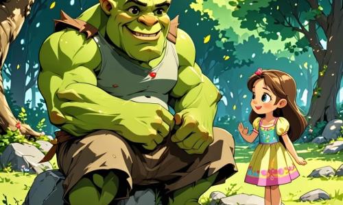 Un orco benevolo di nome Grogo, con una pelle verde brillante, occhi scintillanti e un ampio sorriso, è seduto su una pietra in una radura soleggiata. Indossa pantaloni di tela e una camicia di lino, e sembra gioioso e accogliente. Accanto a lui c'è una bambina di 6 anni, Sofia, con lunghi capelli castani e un vestito colorato, che guarda Grogo con meraviglia, gli occhi brillanti di curiosità. È in piedi, con le mani sui fianchi, pronta a esplorare. Lo sfondo è una foresta incantata, con alberi maestosi, foglie verdi vivaci e fiori multicolori che danzano al vento. Lucciole scintillano intorno a loro, aggiungendo un tocco magico all'atmosfera. La scena principale mostra Grogo che indica a Sofia una porta scintillante in un albero gigante, mentre farfalle colorate volano intorno, creando un'atmosfera di scoperta e avventura.