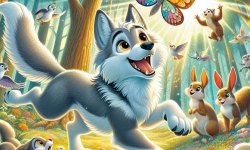 Um lobo chamado Lupinho, com pelagem suave e prateada, olhos brilhantes de curiosidade, salta alegremente no ar, quase tocando as nuvens, com um grande sorriso no rosto. Ao seu lado, uma linda borboleta com asas coloridas do arco-íris voa ao seu redor, iluminando a cena com sua magia. A cena acontece em uma floresta encantada, onde árvores majestosas com troncos grossos se erguem, suas folhas brilhantes filtrando a luz do sol, criando um jogo de sombras e luzes no chão coberto de flores multicoloridas. Lupinho, cheio de alegria e coragem, se eleva no ar, cercado por seus amigos, pequenos pássaros e coelhinhos, que o incentivam cantando, enquanto um esquilo curioso observa a cena de um galho, com os olhos arregalados de admiração.