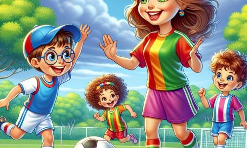 O femeie, Maria, se află în centrul imaginii, zâmbitoare și plină de energie, cu părul castaniu și ochii sclipitori. Ea poartă un tricou de fotbal colorat și pantaloni scurți, ținând o minge de fotbal sub un braț, pregătită să îi învețe pe copii. La dreapta ei, un băiat numit Matei, în vârstă de 8 ani, cu o șapcă albastră și ochelari, își ridică brațele în aer cu entuziasm, exprimându-și excitația. La stânga ei, o fetiță numită Ana, în vârstă de 7 ani, cu părul creț și o rochie sport, încearcă să dribleze mingea cu un mare zâmbet pe față. Scena se desfășoară pe un teren de fotbal verde, înconjurat de copaci colorați și un cer albastru deschis, cu nori albi pufoși plutind ușor. Situația principală o arată pe Maria învățând copiii cum să dribleze și să paseze mingea, în timp ce ei râd și se distrează, creând o atmosferă veselă și dinamică, plină de camaraderie și pasiune pentru fotbal.
