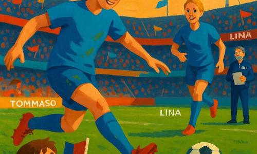 Donna principale: calciatrice adulta, viso concentrato e sorridente, capelli castani raccolti in coda, maglia blu con macchie d'erba, mentre effettua un passaggio rasoterra preciso con il piede destro, postura dinamica; Donna secondaria: Lina, compagna di squadra ~25 anni, capelli biondi corti, espressione incoraggiante, pronta a controllare la palla a pochi metri; Ragazzo: Tommaso, 9 anni, occhi meravigliati, in tribuna bassa davanti con una piccola bandiera, come tifoso entusiasta; Uomo: allenatore Riva, ~50 anni, capelli brizzolati, sguardo fiero, tiene una scheda tattica in bordo campo; Luogo: grande stadio al tramonto, campo con segni di gioco, tribune colorate e bandiere al vento, fari accesi che proiettano ombre lunghe; Situazione: istante del passaggio decisivo, palla che scivola sull'erba verso Lina, riflessi di luce sul pallone, folla in piedi, tensione gioiosa come in una fotografia narrativa.