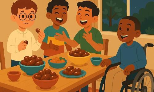 Quatro meninos reunidos após o iftar numa sala de jantar acolhedora: Sami (9 anos, pele clara, óculos, segura uma pequena tâmara), Karim (9 anos, pele média, cabelo encaracolado, gesticula convidando), Tariq (9 anos, pele morena, camiseta verde, observa a tâmara maravilhado) e Yusuf (9 anos, pele escura, em cadeira de rodas, sorri e empurra a roda); grande mesa de madeira clara coberta de pratos coloridos e tigelas de tâmaras brilhantes ao centro, tapete persa, cortinas abertas deixando entrar a lua, luzes suaves pendentes, paredes cor de areia, ambiente calmo e alegre com gestos de partilha e risos.