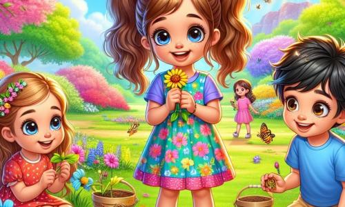 Una niña de 6 años, llamada Sofía, está en el centro de la imagen, con grandes ojos brillantes y una sonrisa radiante. Tiene el cabello largo y castaño, recogido en dos coletas, y lleva un vestido colorido con flores. Sofía sostiene una pequeña flor amarilla, maravillada por su belleza. A su lado, su amigo Juan, un niño de 6 años con cabello negro y gafas redondas, observa las flores con curiosidad. Lleva una camiseta azul y un pantalón corto beige, agachado examinando una flor de cerca. Un poco más lejos, Carla, otra amiga de 6 años con cabello rubio y una pequeña trenza, está de pie sonriendo y sosteniendo un pequeño balde lleno de tierra para plantar semillas. El lugar es un parque primaveral lleno de colores, con árboles en flor, césped verde y mariposas de colores volando alrededor. El cielo es azul y soleado, creando un ambiente alegre y cálido. La situación principal muestra a Sofía y sus amigos explorando la naturaleza, maravillados por las flores y los insectos, mientras se preparan para plantar semillas y hacer crecer sus propias flores.