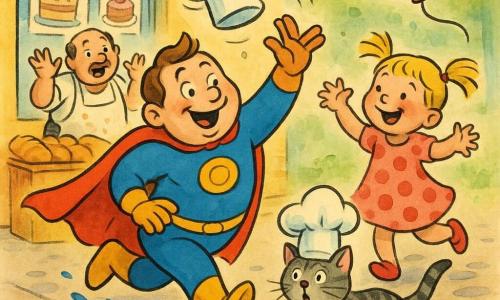 A comic superhero with a joyful, mischievous face, short brown hair, a red cape, bright blue suit and yellow boots runs reaching to catch a baker's hat swirling above a small shiny puddle; to his right a laughing 4-year-old girl with blonde pigtails in a pink polka-dot dress holds a red balloon, a surprised gray tabby cat wears the baker's hat while perched on a low wooden table in the foreground, and a round middle-aged baker in a flour-stained white apron stands behind a bread counter with raised hands; the scene is centered and dynamic before a colorful bakery with a large window and cake posters on a wet cobbled sidewalk, rendered with clear ink lines and vivid contrasting colors.