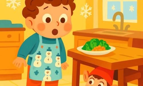 A 2-year-old boy named Max, with curly hair and rosy cheeks, looks wide-eyed and surprised. He stands in a bright kitchen surrounded by vibrant colors, wearing a snowman-patterned apron. At his feet, a small trail of sparkling glitter leads under the table. A mischievous elf, wearing a bright red hat and pointed shoes, hides under the table, chuckling softly. He has large mischievous eyes and a playful grin. The kitchen is decorated with string lights and paper snowflakes hanging from the ceiling, with a large window letting in morning light. On the table, a dish of broccoli, carrots, and peas replaces Christmas cookies, leaving Max puzzled. Max discovers the Christmas elf's prank, realizing he must find the hidden delicious cookies while trying not to laugh at the situation.