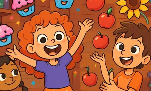 An 8-year-old girl, Molly, with big sparkling eyes and curly hair, is wearing a purple t-shirt and a polka dot skirt. She is laughing heartily with her arms raised, surrounded by smiling cupcakes floating around her. Next to her, Sam, a 9-year-old boy with messy hair and a mischievous smile, is juggling apples and a sunflower while trying not to drop the sunflower. Lucy, an 8-year-old girl with braids and a black cat curled around her arm, watches the scene with an amused smile. The setting is a charming wooden cabin filled with bright colors, with shelves loaded with magical books and sparkling potions. Strings of twinkling lights hang from the ceiling, and laughter echoes in the air. The main scene shows Molly and her friends preparing for their Magical Comedy Carnival, surrounded by cupcakes telling jokes, creating a joyful and playful atmosphere full of magic and laughter.