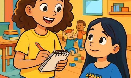 A 12-year-old girl, Ava, with curly brown hair and sparkling curious eyes, stands in the center of the image, a warm smile on her face. She wears a bright yellow t-shirt and ripped jeans, holding a notebook and a pencil, ready to take notes. Next to her is another 12-year-old girl, Layla, with long black hair, dressed in a blue dress, looking at Ava with admiration while holding a box of colored pencils. In the background, a welcoming space of the community center is visible, with brightly painted walls, tables filled with books and games, and children playing joyfully. The scene captures a moment of sharing and collaboration as Ava and Layla discuss their ideas to help their community, surrounded by an atmosphere of solidarity and hope.