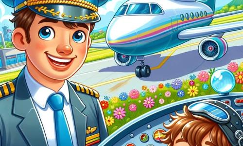 A smiling and enthusiastic man, Captain Tom, wears a bright blue uniform with a shiny hat. His eyes sparkle with joy as he stands next to his large silver airplane, ready for takeoff. Beside him is an 8-year-old boy named Sammy, with messy brown hair and a small aviator helmet, gazing in awe at the plane, his eyes wide with excitement. The setting is a sunny airport with a clear blue sky dotted with fluffy white clouds. In the background, green mountains and colorful flowers add life to the scene. The main situation shows Captain Tom and Sammy in the cockpit of the airplane, surrounded by shiny instruments and colorful buttons. Captain Tom joyfully explains how to fly, while Sammy listens attentively, his face lit up by the adventure.
