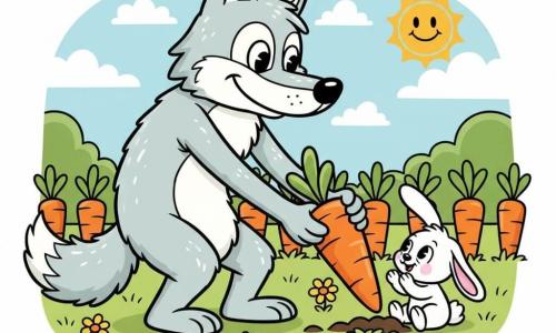 A large gentle fluffy wolf with shiny light gray fur, round friendly eyes and a tender smile gently pulls a big orange carrot from the ground with his front paws, while a small white bunny with long floppy ears, bright eyes and pink cheeks watches in wonder and claps, sitting on the grass beside him; the bright colorful garden features rows of orange carrots, soft green grass, a few yellow flowers and a pale blue sky with a smiling sun, creating a warm simple scene of sharing and joy with gentle gestures, rounded shapes, vivid colors and thick outlines in a retro cartoon style.