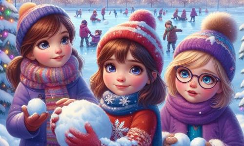 In einem verschneiten Park stehen drei neunjährige Mädchen zusammen, umgeben von funkelndem Schnee. Clara mit braunen Haaren und leuchtenden Augen trägt einen roten Pullover und eine Wollmütze. Sie lächelt, während sie eine große Schneeflocke in ihren Händen hält. Rechts von ihr ist Emma mit blonden Haaren und rosigen Wangen, die einen blauen Mantel und einen bunten Schal trägt und Schnee aufnimmt, um eine Schneekugel zu formen. Links steht Sophie mit kastanienbraunen Haaren und einer Brille, die einen lila Mantel und eine Bommelmütze trägt und bewundernd ihr Kunstwerk aus Schnee betrachtet. Der Park ist mit großen, schneebedeckten Bäumen gefüllt, und der Boden ist eine weite Fläche aus makellosem Weiß, übersät mit Fußspuren und kleinen Schneehaufen. In der Ferne gleiten Kinder über einen gefrorenen See, während funkelnde Lichter die Äste der Bäume schmücken und eine magische Atmosphäre schaffen. Die drei Freundinnen schaffen eine wunderschöne Schneeskulptur, indem sie Zweige und Tannenzapfen hinzufügen, um ihr Werk zu verschönern, während sie lachen und zusammen in dieser bezaubernden Winterlandschaft Spaß haben.