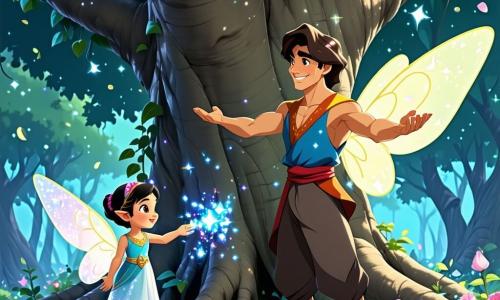 Aladdin, ein junger Mann mit braunen, lockigen Haaren, trägt eine farbenfrohe Tunika mit glitzernden Mustern. Sein Gesicht drückt Staunen und Entschlossenheit aus, während er vor einem großen magischen Baum steht, die Arme geöffnet, bereit, einen Wunsch zu äußern. An seiner Seite steht Lila, eine kleine Elfe mit durchsichtigen, glänzenden Flügeln, etwa 10 Jahre alt. Sie trägt ein Kleid aus Blütenblättern und schaut Aladdin mit einem strahlenden Lächeln an, während sie einen kleinen leuchtenden Stock in den Händen hält. Hinter ihnen beobachtet ein großer Drache mit grünen und goldenen Schuppen und sanften, neugierigen Augen die Szene interessiert und ist bereit, sie zu unterstützen. Der Ort ist ein glitzernder Feenwald, in dem die Bäume im Sonnenlicht wie Diamanten funkeln und bunte Blumen magische Lichter ausstrahlen. Lichtstrahlen filtern durch das Laub und schaffen eine verzauberte Atmosphäre. Die Hauptsituation zeigt Aladdin und Lila, Hand in Hand, bereit, einen Wunsch am großen magischen Baum zu äußern, während der Drache sie ermutigt, was die Freundschaft und das Abenteuer symbolisiert, die sie erwarten.