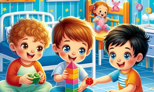 En una habitación de hospital colorida, tres niños están reunidos. Pablo, un niño de seis años con cabello castaño y ojos brillantes, está sentado en su cama, sonriendo alegremente. A su derecha, Diego, otro niño de seis años con cabello rizado y piel clara, sostiene un bloque de construcción, listo para jugar. A la izquierda, Luis, un niño de cinco años con cabello negro y gafas, observa con curiosidad los juguetes en la mesa. La habitación está decorada con paredes azul brillante, adornadas con dibujos de nubes y estrellas. Los tres amigos están construyendo una gran torre con bloques de colores vivos, riendo juntos mientras intentan no hacerla caer. La atmósfera es alegre y llena de energía, mostrando la fuerza de su amistad incluso en un lugar difícil.