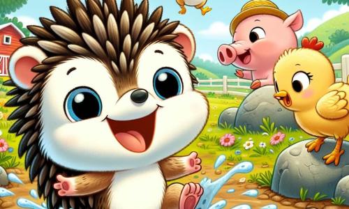 Um pequeno ouriço chamado Tico, com espinhos macios e um grande sorriso, está no centro da imagem, pulando alegremente em uma poça de lama, espirrando água ao seu redor. À sua direita, Gigi, a galinha com penas douradas, está em cima de uma pedra, cantando entusiasticamente, com as asas abertas, enquanto um sorriso radiante ilumina seu rosto. À esquerda, Pipo, o porquinho rosa com um pequeno chapéu de palha, ri alto, tentando não escorregar no chão lamacento. A cena acontece na charmosa e colorida Fazenda do Sorriso, cercada por campos verdes, flores vibrantes e um céu azul com nuvens brancas fofas. Ao fundo, vê-se um celeiro vermelho e árvores frutíferas carregadas de frutas suculentas. Tico e seus amigos se divertem pulando nas poças de água após a chuva, criando uma atmosfera alegre e cheia de risadas, ilustrando sua amizade e espírito brincalhão.