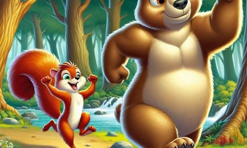 Un giovane orso bruno chiaro, di nome Bruno, si trova al centro della scena, con occhi brillanti di determinazione e un sorriso fiducioso sul volto. Sta correndo con energia, le sue zampe muscolose si slanciano sul terreno, mentre il suo pelo brilla sotto il sole dorato. Alla sua destra, un piccolo scoiattolo di nome Leo, con un pelo rosso vivo e una coda folta, salta gioiosamente, le braccia alzate in segno di incoraggiamento. Il suo viso è radioso di orgoglio e entusiasmo, mentre grida parole di incoraggiamento a Bruno. La scena si svolge in una foresta incantata, con grandi alberi dai tronchi robusti che si ergono maestosi e foglie verdi che formano un soffitto naturale. Fiori colorati punteggiano il terreno, e un ruscello scintillante scorre pacificamente nelle vicinanze, aggiungendo un tocco di magia all'ambiente. La situazione principale mostra Bruno, l'orso, in piena corsa durante una grande competizione tra gli animali della foresta, superando la sua paura e scoprendo la sua fiducia in sé, mentre Leo lo incoraggia con entusiasmo, creando un'atmosfera di cameratismo e supporto.