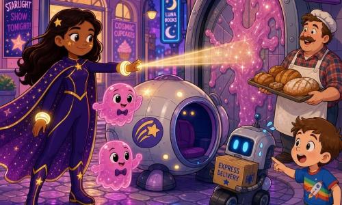 A confident, gentle female hero with warm expression, reassuring smile, brown skin and star-shaped freckles on her cheeks wears a midnight purple costume with shining gold lines and a sparkling starry cape; glowing round bracelets on her wrists project a soft beam that clears a glittering sticky web blocking a small metal tunnel door. Three small pink gelatinous genderless aliens, translucent and wearing tiny bow ties, float confusedly beside a round capsule parked in the middle of the neon-pastel cobbled Moonbeam Street lined with shiny glass buildings and colorful posters. A small silver courier robot with blue eyes and wheels blinks anxiously behind the capsule while a relieved 40-year-old baker in a floured apron and plaid shirt holds a tray of rolls on the sidewalk and a delighted six-year-old boy in a colorful T-shirt points from the opposite curb; the scene is warm, colorful, and clearly lit by violet evening reflections.