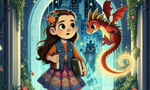 Uma menina de 12 anos, Clara, está no centro da imagem, com longos cabelos castanhos e olhos brilhantes de curiosidade. Ela usa um vestido colorido e um colete de denim, segurando um livro antigo nas mãos, seu rosto expressando determinação e maravilhamento. Ao seu lado, um pequeno dragão chamado Fogo, com escamas brilhantes de cor vermelha e dourada, bate as asas, pronto para voar, seus olhos cheios de bravura. Ao fundo, um velho portal mágico, cercado de hera e luzes cintilantes, emite um brilho misterioso, enquanto edifícios do estilo dos anos 1920 se erguem ao redor, criando um contraste entre o mundo moderno e o fantástico. Clara e Fogo se preparam para enfrentar uma criatura ameaçadora que emerge do portal, simbolizando a luta entre a magia e o perigo, em uma atmosfera ao mesmo tempo emocionante e cheia de mistério.