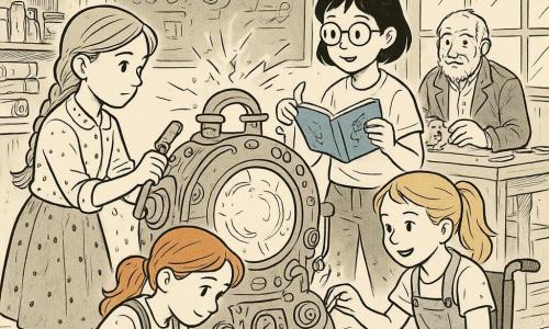 Hay cinco personajes: Marta (niña de 11 años, cabello castaño claro en trenza, blusa de lunares) sostiene una palanca metálica de la máquina, centro-izquierda, con mirada concentrada hacia la manija; Lucía (niña de 10 años, cabello negro corto, gafas redondas) está de pie a la derecha de Marta, algo atrás, sosteniendo un cuaderno azul abierto y señalando un esquema; Sara (niña de 10 años, cabello rojo en coleta, peto manchado de tinta) arrodillada delante de la máquina, en primer plano centro, dibuja esquemas en un bloc; Abril (niña de 11 años, cabello rubio recogido, en silla de ruedas) sonríe y ajusta un cable con manos pequeñas, en la esquina delantera derecha junto a botones de colores; Leonardo (hombre de ~50 años, barba blanca, chaqueta de cuero) observa desde el fondo izquierdo junto a un banco de trabajo y ofrece una pieza de engranaje. Lugar: taller interior renacentista con suelo de madera a listones, bancos abarrotados de pergaminos, frascos de vidrio, herramientas metálicas, grandes ventanales con crucetas que dejan entrar luz diagonal, estanterías llenas de engranajes y dibujos y un gran tablero con bocetos de alas al fondo. Situación: las cuatro niñas activan una máquina del tiempo casera —gran estructura circular de tubos con diales, una esfera brillante central, botones de colores y una palanca— que emite volutas de luz y pequeños relámpagos; ambiente de descubrimiento, gestos precisos y expresiones maravilladas, con finos detalles de tinta en rostros y texturas de madera y metal.