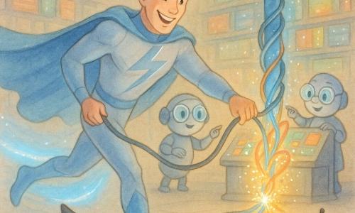 Un hombre alto, el superhéroe Relámpago Azul, alegre y concentrado, con sonrisa luminosa y traje plateado con franjas celestes y capa azul, corre dejando una estela azul mientras desenreda un grueso cable eléctrico; a su derecha, la robot mujer señora Chip, pequeña y redonda con gafas brillantes y gesto benevolente, señala una consola de pantallas coloridas desde una tarima; delante, el robot niño Bromista Voltio, diminuto sobre ruedas y con gorro de fiesta negro, ofrece un cable magnético con cara apenada pero sonriente; la escena transcurre en la Biblioteca de Datos, una gran sala con estantes digitales y cables colgantes, donde trabajan en equipo para reparar la Gran Conexión: chispas doradas y hilos de colores convergen, una luz azul sube por el cable principal y las pantallas se encienden una a una.