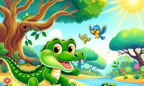 Un pequeño cocodrilo llamado Carlitos, con una piel verde brillante y grandes ojos amarillos, se encuentra al borde de un arroyo, mostrando una expresión de determinación y alegría. Utiliza su fuerte cola para mover ramas, ayudando a una pequeña rana llamada Rina, que es linda con su piel verde y ojos redondos, mientras salta alegremente a su lado. En el fondo, animales de la jungla como aves coloridas y ardillas curiosas observan la escena, añadiendo vida a la ilustración. El lugar es una jungla exuberante, con árboles gigantes, flores brillantes y un arroyo de aguas cristalinas que brillan bajo el sol. La situación principal muestra a Carlitos y Rina trabajando juntos para liberar a la rana de las ramas, simbolizando la ayuda mutua y la amistad en un entorno vibrante y mágico.