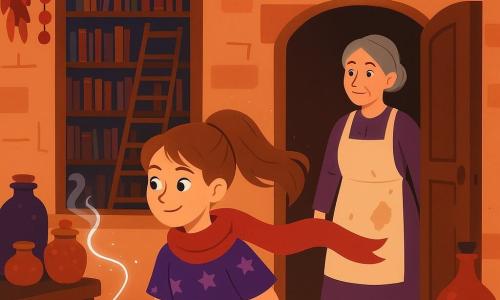 Una giovane strega di 12 anni, Lùmina, sguardo curioso e sorriso a mezza bocca, capelli castano chiaro raccolti in coda, vestito corto a motivi di stelle viola e sciarpa rossa svolazzante, tiene una piccola scatola di gessetti e segue con lo sguardo un filo d'argento luminoso che punta verso la vetrina; la zia Mirta (circa 60 anni), espressione benevola ma sorpresa, capelli grigi in chignon e grembiule macchiato di polvere magica, sta sullo sfondo vicino a una porta della cantina socchiusa come se avesse chiamato Lùmina; la vetrina mostra un riflesso impossibile: una grande biblioteca interna con scaffali alti in legno scuro, libri con dorature brillanti e una scala che sale da sola, il vetro alterna la strada normale e questa biblioteca incantata; la bottega è piena di oggetti magici: barattoli di vetro dai colori profondi, coni d'incenso che fumano in volute stilizzate, ghirlande di cannella e un grande cartello PER LETTERE CHE NON SANNO DOVE ANDARE; scena principale di scoperta visiva, il filo d'argento vibra e guida Lùmina verso la vetrina cangiante, atmosfera di sorpresa e meraviglia, colori caldi (ocra, rosso, viola) con accenti argentati, composizione centrata su Lùmina e la vetrina.