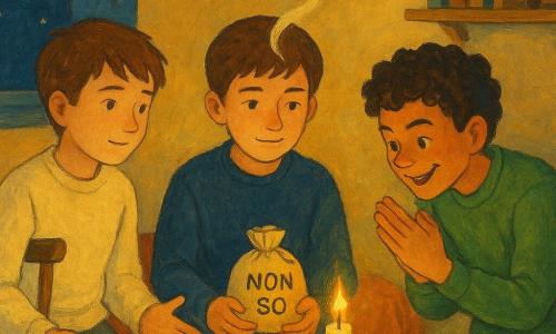 Tre ragazzi di 11 anni riuniti di notte in una piccola camera calda: Luca (capelli castani corti, maglione blu scuro, pantaloni grigi) seduto al centro accanto al comodino, tiene nella tasca il sacchetto con la scritta 
