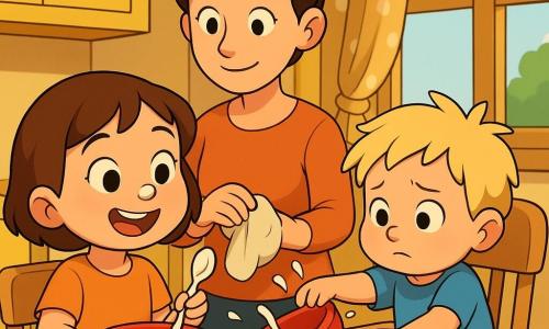 Bambina 2 anni molto sorridente, guance rotonde, capelli corti castani, occhi grandi e luminosi, tiene un cucchiaino bianco e ha una goccia di yogurt sul naso; fratellino 1 anno, capelli biondi arruffati, tira dolcemente una ciotola rossa seduto su un seggiolone accanto a lei; mamma adulta con capelli legati e sguardo tenero dietro il tavolo con un panno morbido pronta a pulire; cucina luminosa e calda, tavolo in legno chiaro, due ciotole rosse e blu, qualche macchia di yogurt, mobile giallo e finestra con tenda a pois; situazione: tira e molla giocoso per una ciotola, yogurt che schizza in piccole gocce comiche, atmosfera gioiosa e sicura.